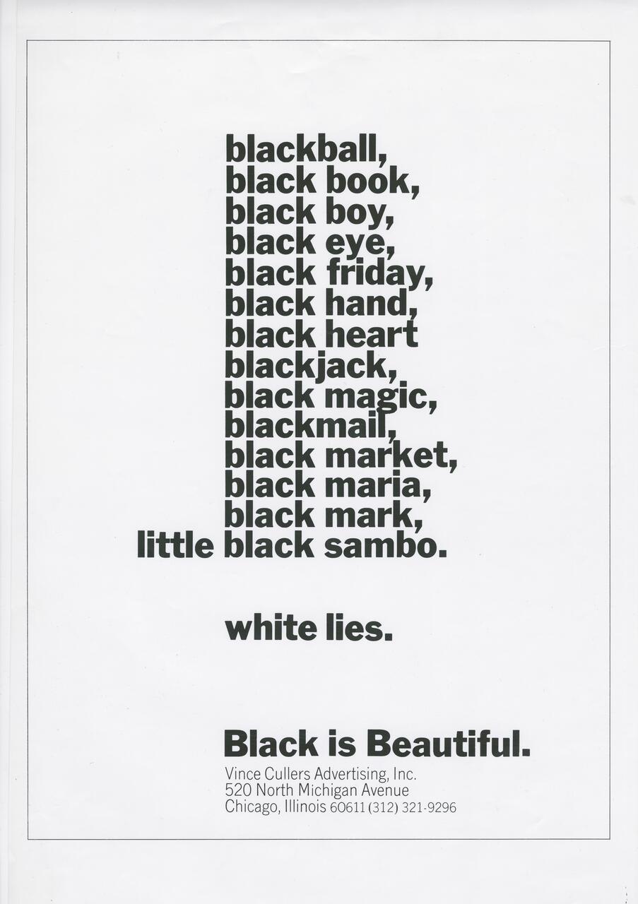 Text graphic listing phrases with "black" contrasted by "white lies," followed by "Black is Beautiful" and contact information for Vince Cullers Advertising, Inc.
