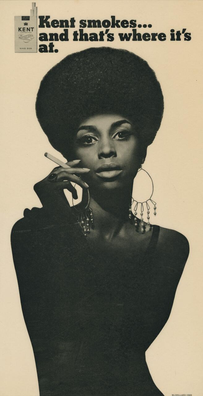 A woman with an afro hairstyle wearing large hoop earrings poses with a cigarette. The image is in sepia tones, and she appears confident and stylish.