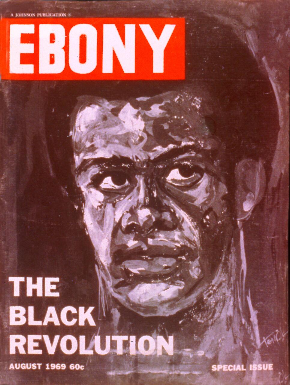 Ebony magazine cover from August 1969 featuring a painted portrait of a serious-faced man, titled "The Black Revolution," with bold red and white text.