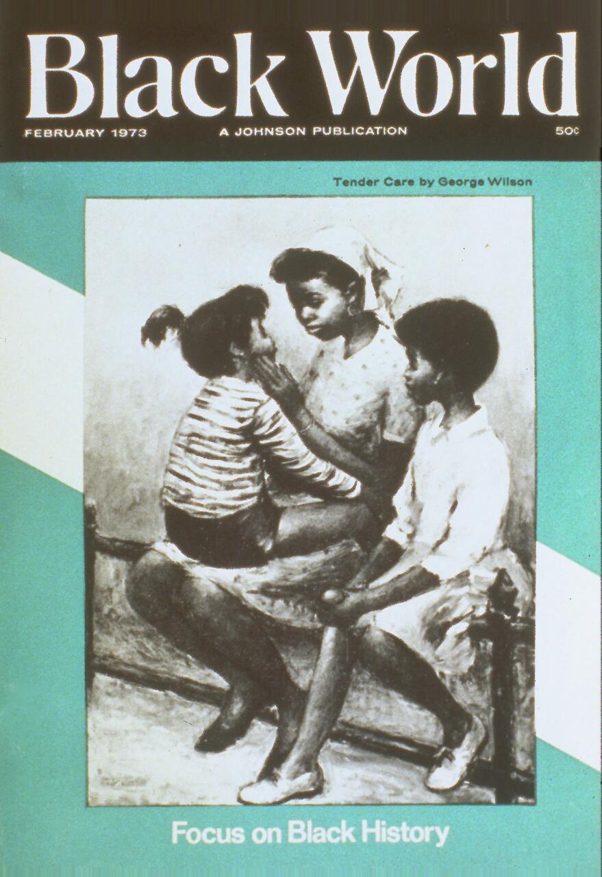 Magazine cover titled "Black World" from February 1973, featuring an artwork titled "Tender Care" by George Wilson. The illustration shows a woman and two children interacting warmly. The background is turquoise with a black top border.