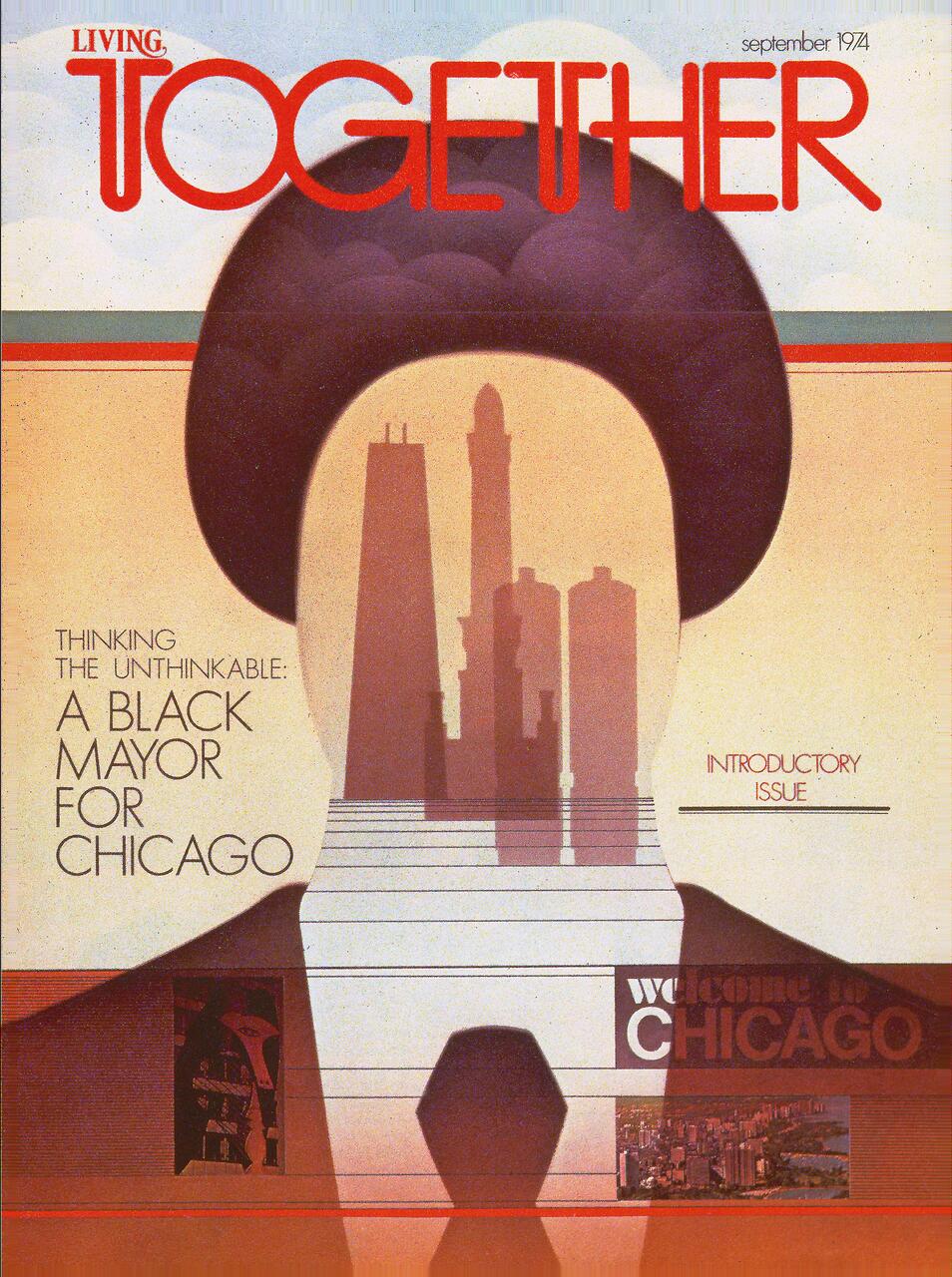 A magazine cover featuring a stylized silhouette with an afro, containing skyscrapers and cityscape. The headline discusses the idea of a Black mayor for Chicago. The design uses shades of brown and cream with red accents. September 1974 issue.