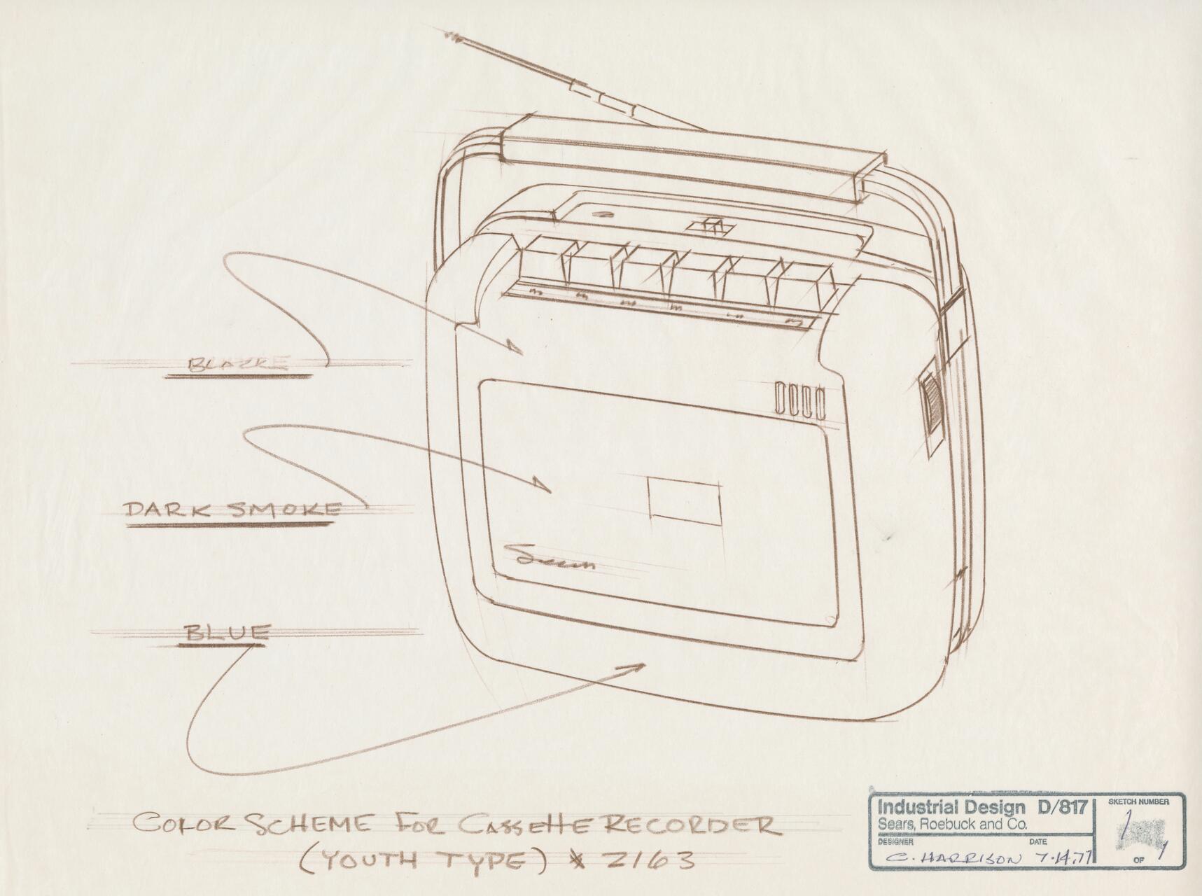 Sketch of a cassette recorder design with labeled color scheme: black, dark smoke, and blue. Features buttons on top, an antenna, and a front panel. Labeled "Industrial Design" with a designer's note at the bottom.