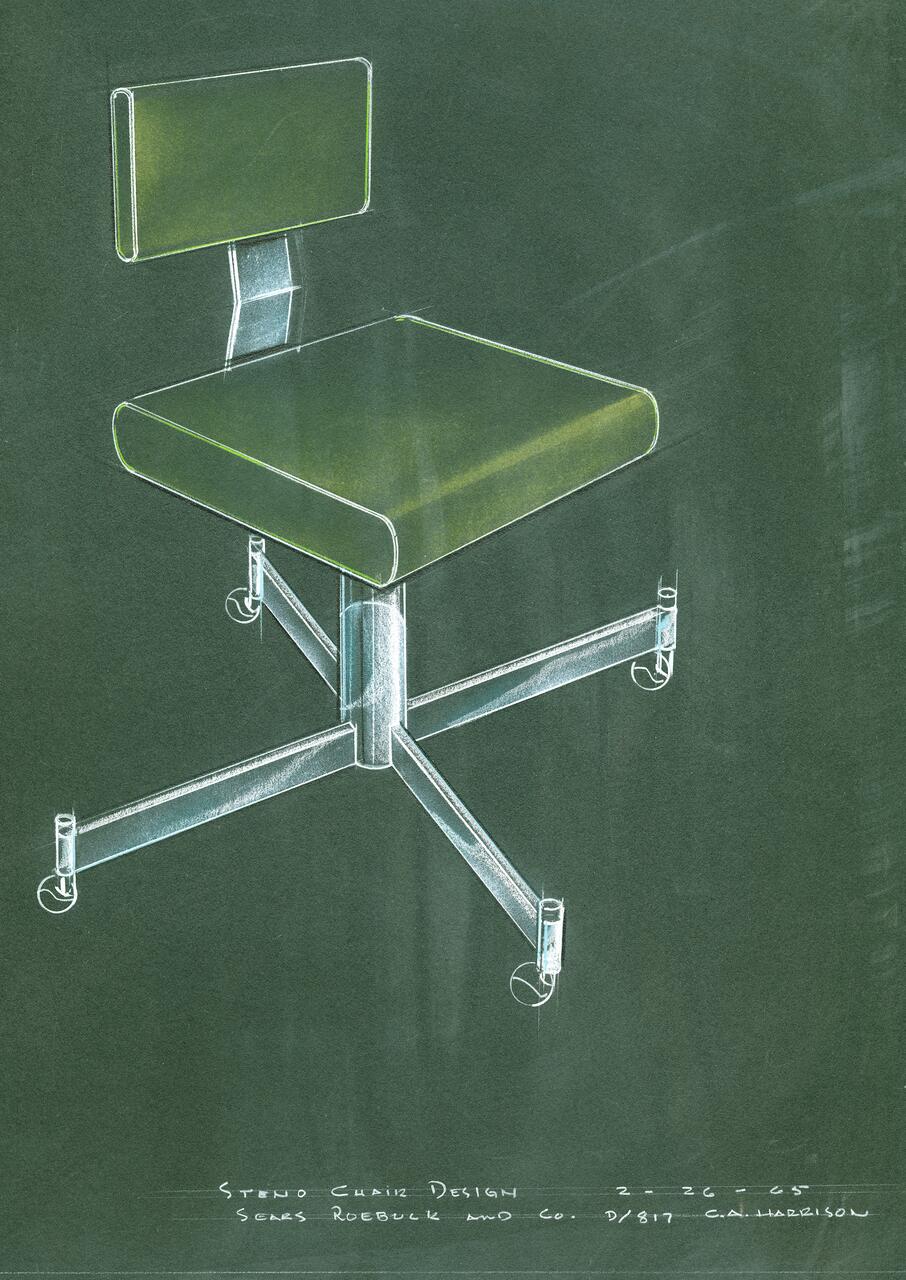 Sketch of a green steno chair with a square seat and backrest, outlined in white, on a dark green background. The chair has a metal base with four legs on wheels.