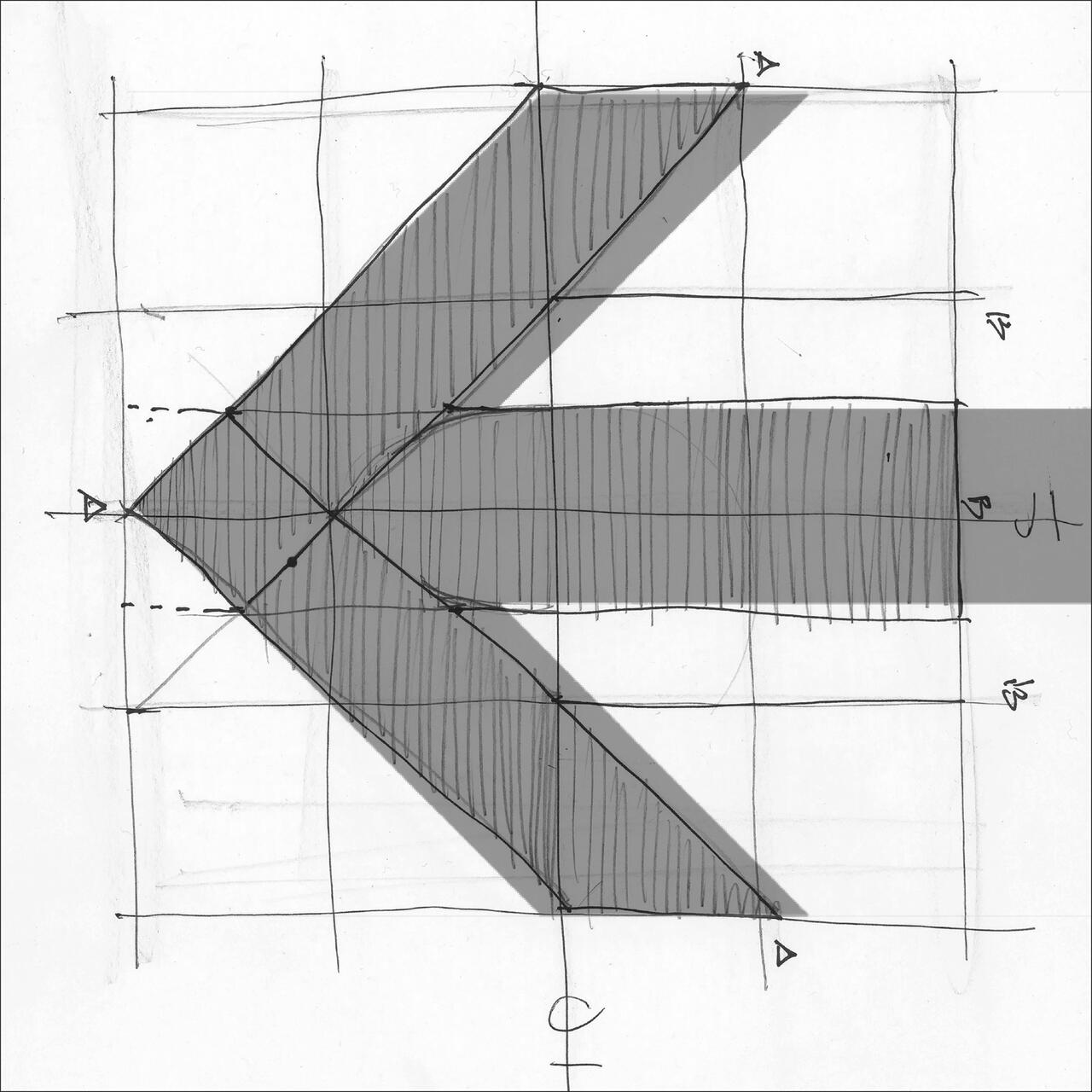 Sketched design of a wide, three-dimensional arrow pointing left, shaded in gray, with grid lines and measurements on a white background.