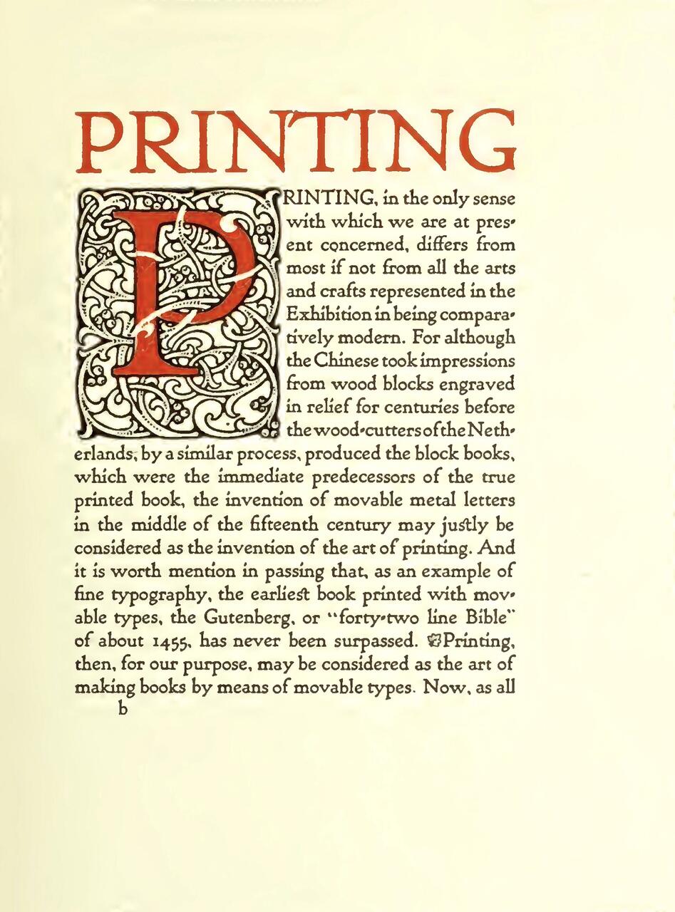 "PRINTING" text in ornate red font. Large decorative initial "P" with intricate black and white design. The page discusses the history and development of printing, movable metal letters, and references to Chinese woodblock print and Gutenberg's Bible.
