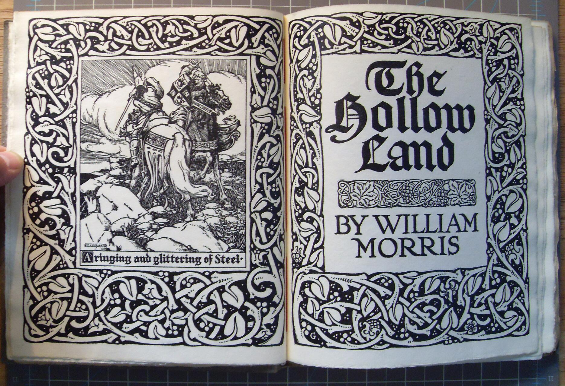 Illustrated book pages titled "The Hollow Land" by William Morris, featuring intricate black-and-white Celtic knot designs. On the left, a detailed drawing of knights on horseback.