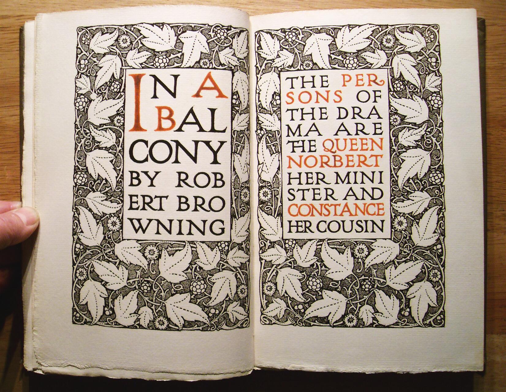 Decorative pages from an ornate book, "In A Balcony by Robert Browning," featuring intricate leaf and floral borders. Some text is highlighted in orange.