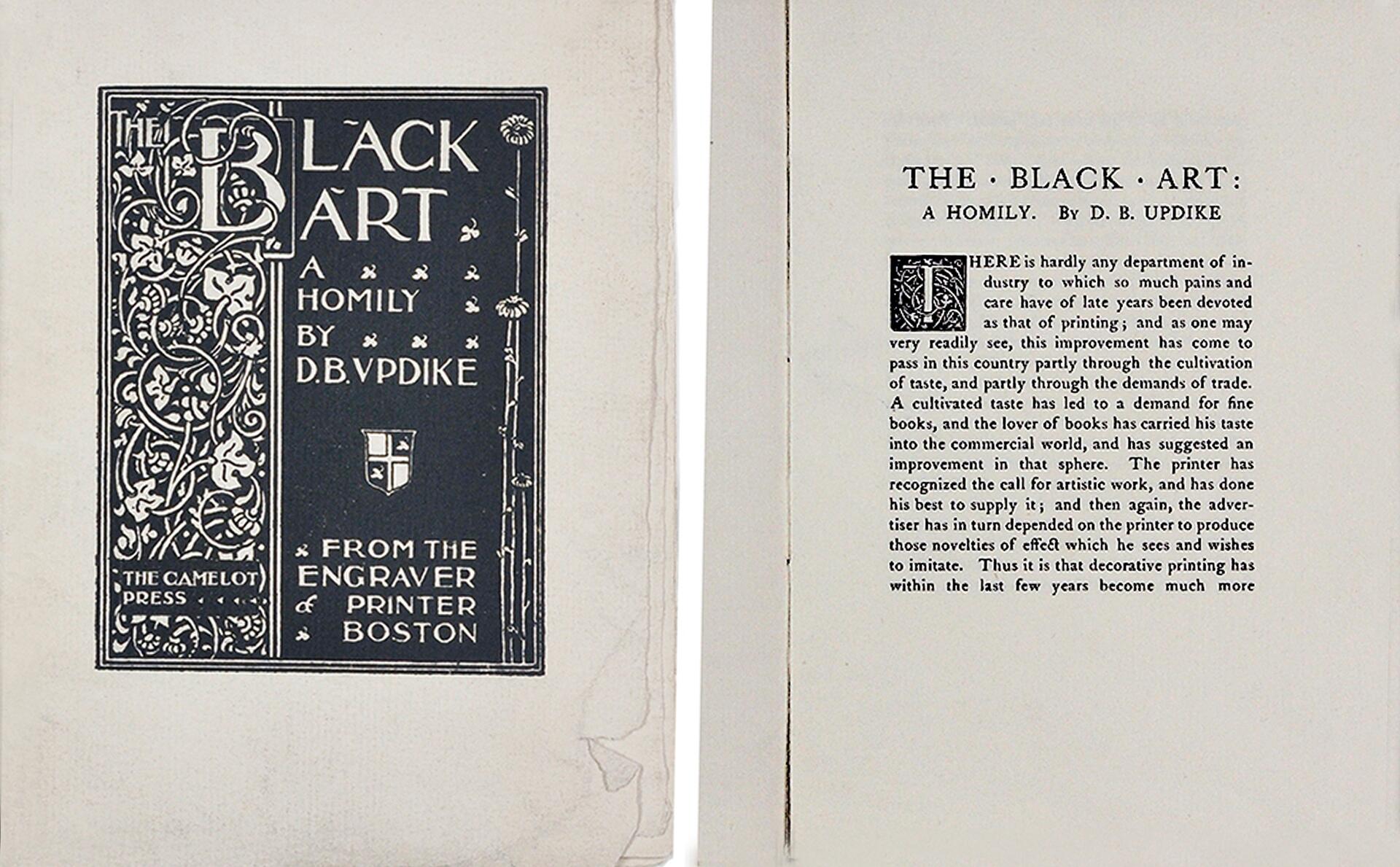 Cover and first page of "The Black Art: A Homily" by D.B. Updike. The cover has ornate floral designs and typography. The first page has text beginning with a decorative initial "T."