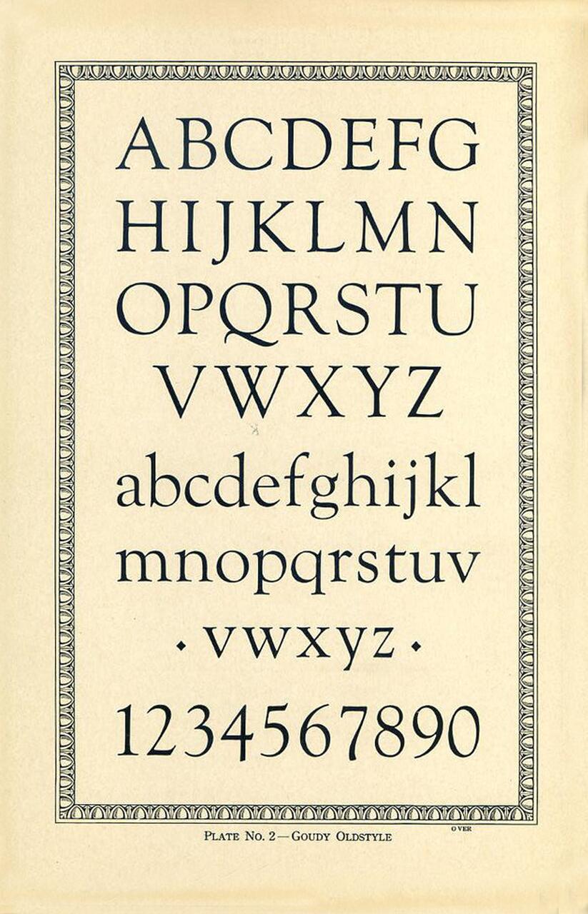 Alphabet and numbers in Goudy Oldstyle font, featuring uppercase letters A to Z, lowercase letters a to z, and numbers 0 to 9, framed with a decorative border.