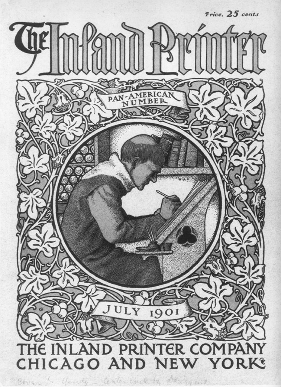 Art Nouveau magazine cover of "The Inland Printer," July 1901, featuring a detailed illustration of a man sketching with a quill pen, surrounded by ornate floral patterns.