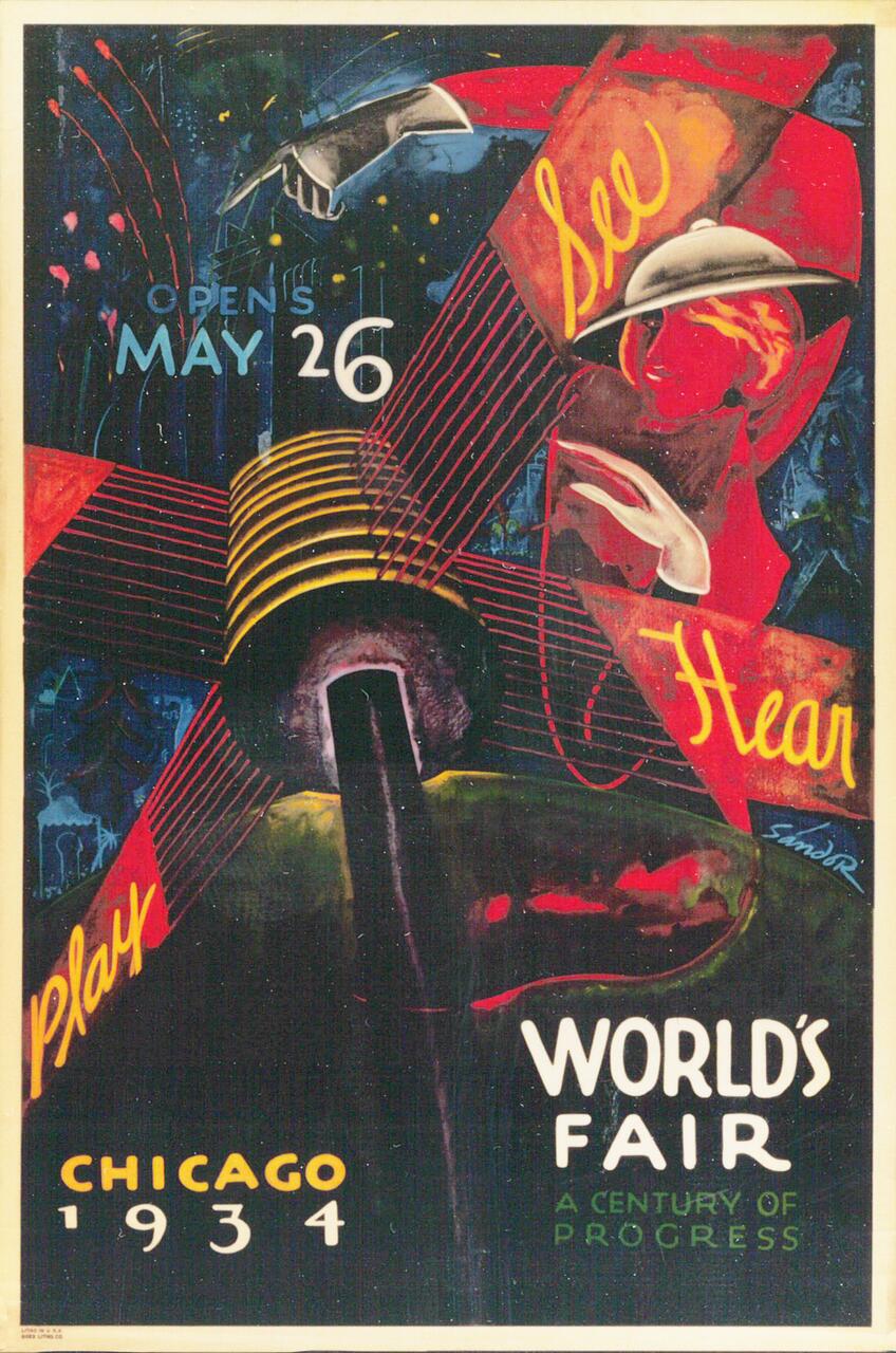 Colorful 1934 Chicago World's Fair poster featuring a stylized figure in a hard hat with “See,” “Hear,” and “Play” in bold text. The background includes dynamic lines and shapes. Bright colors create a sense of excitement and innovation.