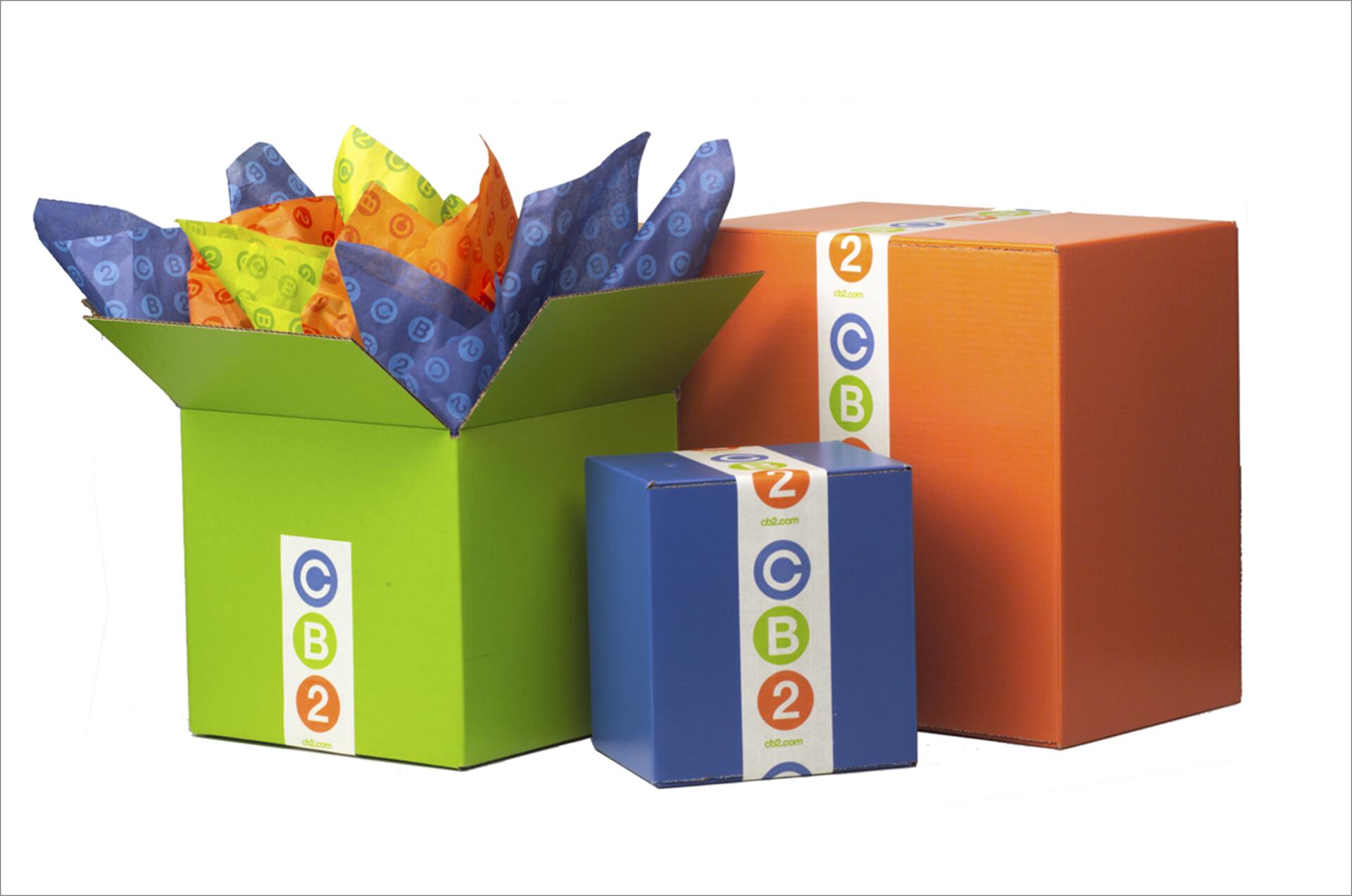 Three colorful boxes, one green with open lid revealing orange, yellow, and blue tissue paper, a small blue box, and a large orange box. Each box features a label with "C B 2" in circular icons.