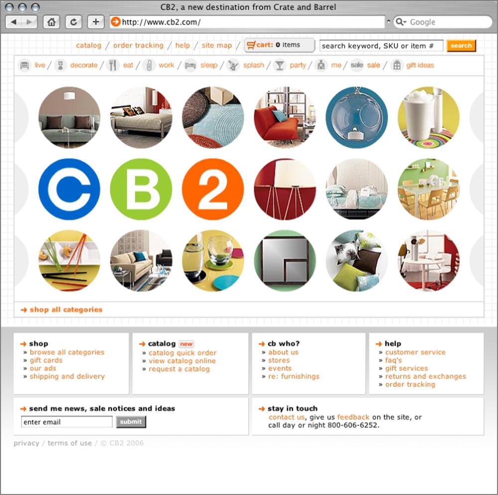 CB2 website homepage featuring a grid of circular images showing modern furniture and decor, with colorful letters "C," "B," and "2" in blue, green, and orange. Navigation and category links are below.