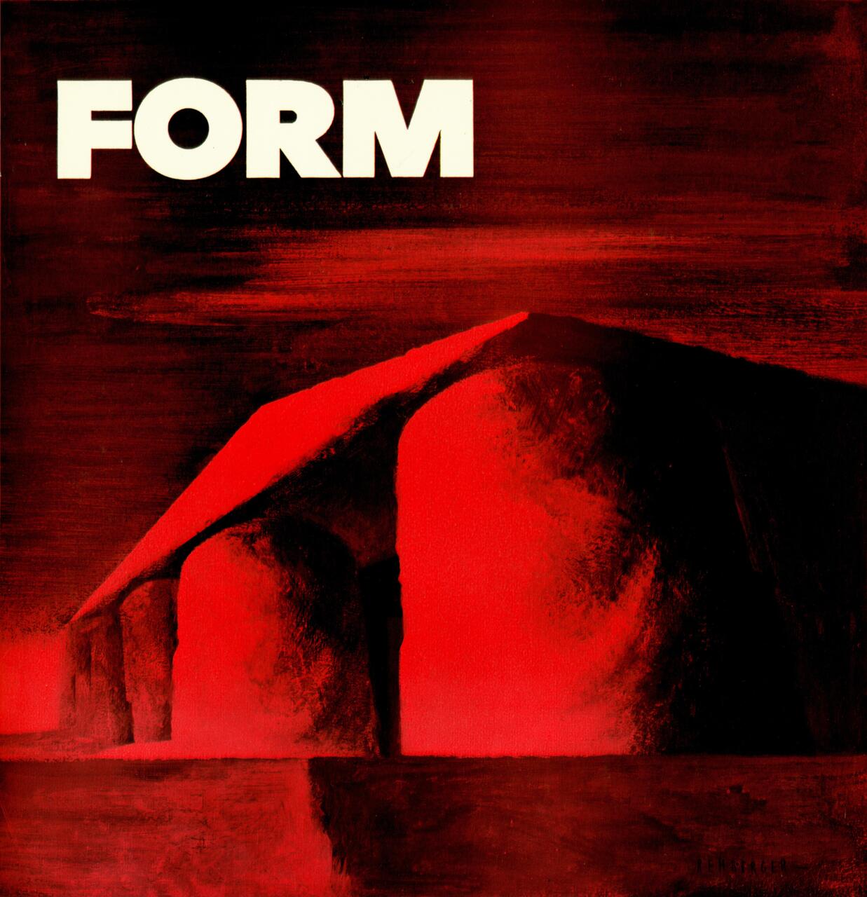 Red-toned abstract painting of large, rounded rock formations under a dark, moody sky. Bold white text "FORM" at the top left.