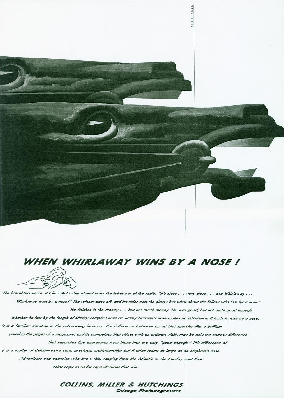 Black and white advertisement featuring close-up of a horse statue's nose at the top, with the headline "When Whirlaway Wins by a Nose!" followed by text discussing the importance of detail and precision, and the company name "Collins, Miller & Hutchings, Chicago Photoengravers" at the bottom.