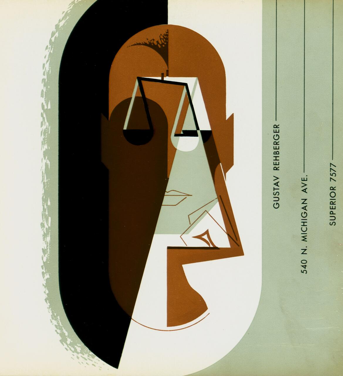 Abstract artwork of a stylized face with geometric shapes, featuring a balance scale motif. The background has a gradient of soft green and cream colors. Vertical text on the right includes the name Gustav Rehberger.