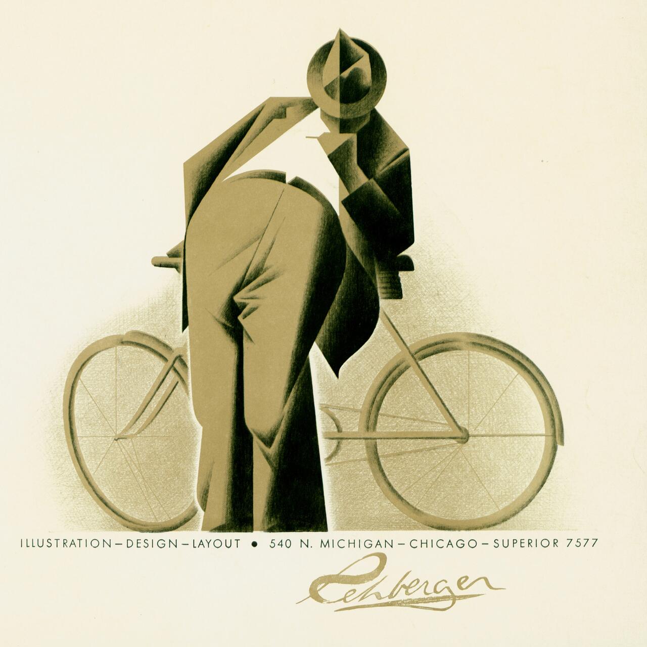 Stylized illustration of a man in a suit and hat standing next to a bicycle, viewed from behind. The design features geometric shapes and shades of brown, with minimal detail. Text at the bottom references illustration and design services.