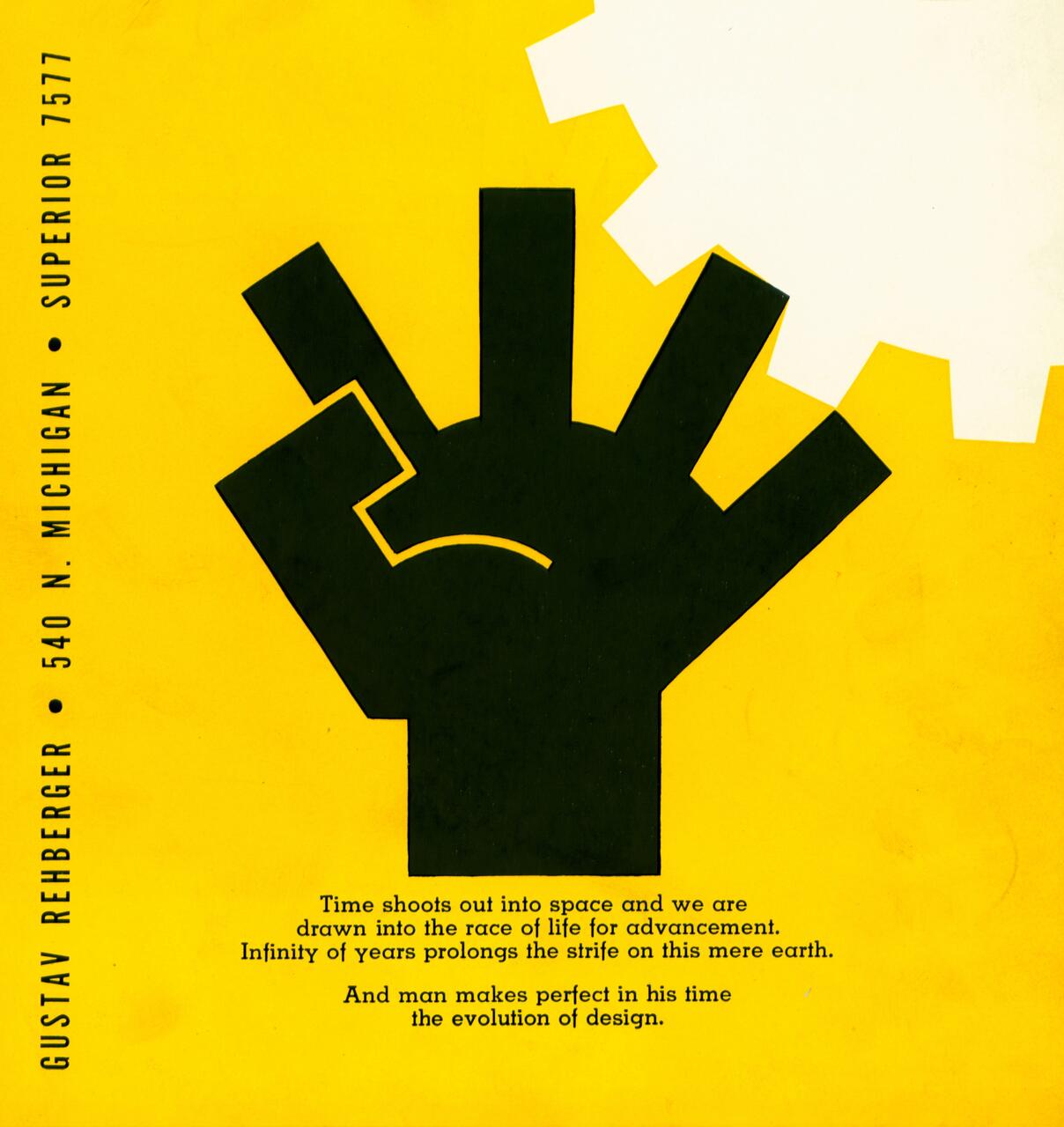A stylized black fist in a yellow background with a white gear shape in the upper corner. Text lines are printed at the bottom and left side.