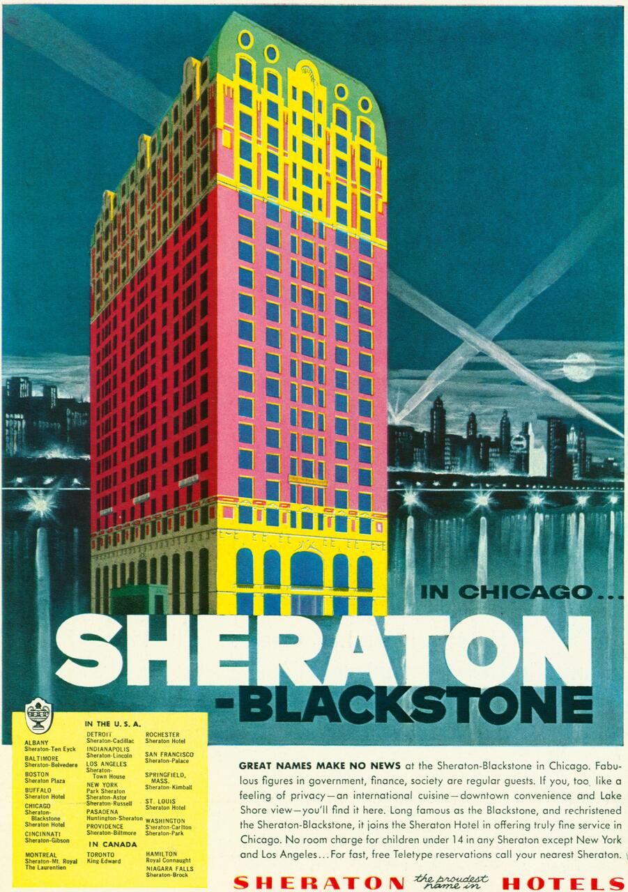 Colorful illustration of the Sheraton-Blackstone Hotel in Chicago, featuring a bright, stylized building with vivid pink and yellow highlights against a dark blue night sky. Spotlights beam across the sky, with a city skyline in the background. Contains text about Sheraton Hotels.