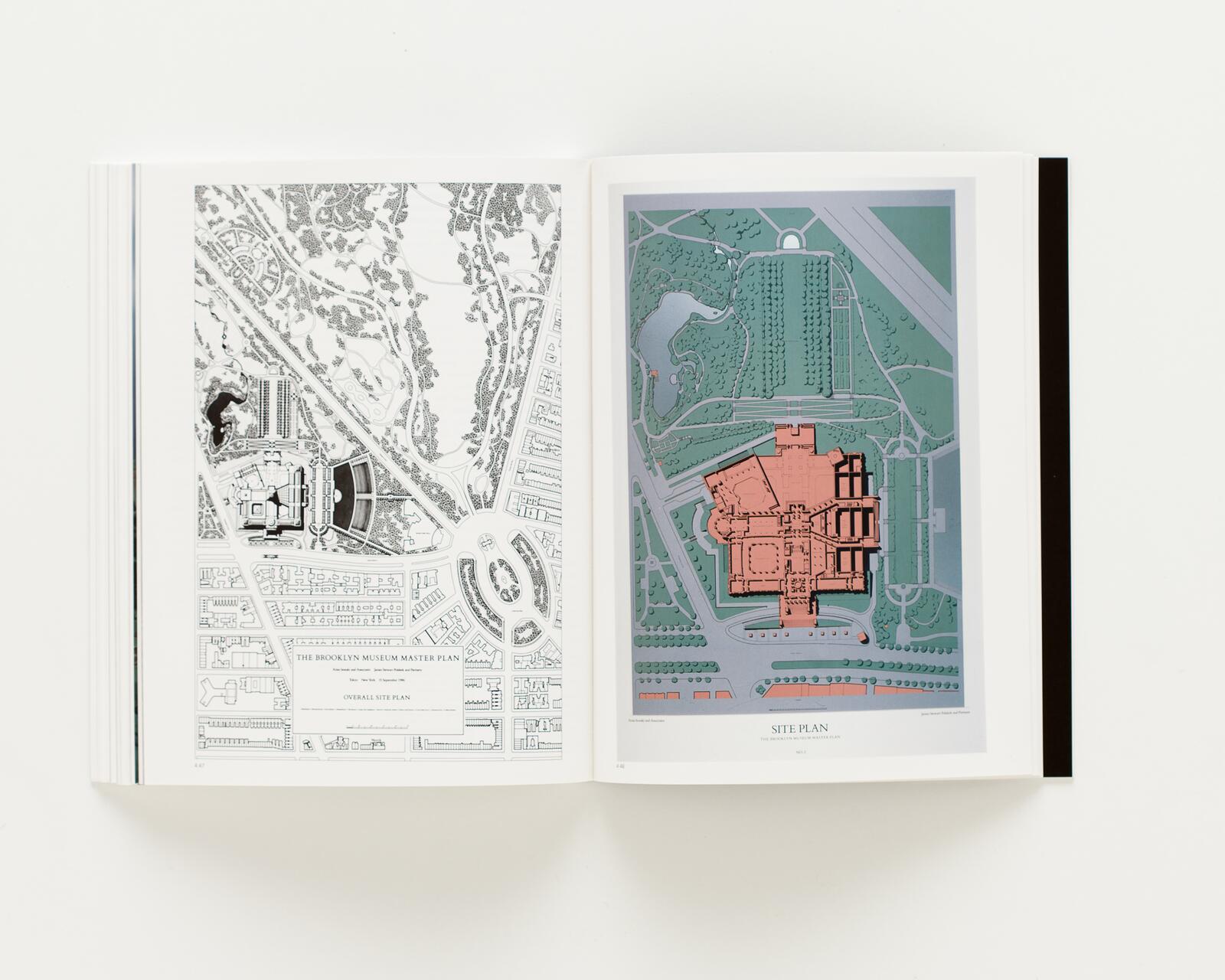Open book displaying two architectural plans side by side; the left page features a grayscale site map with streets and buildings, while the right page shows a colored site plan with a large building and surrounding greenery.