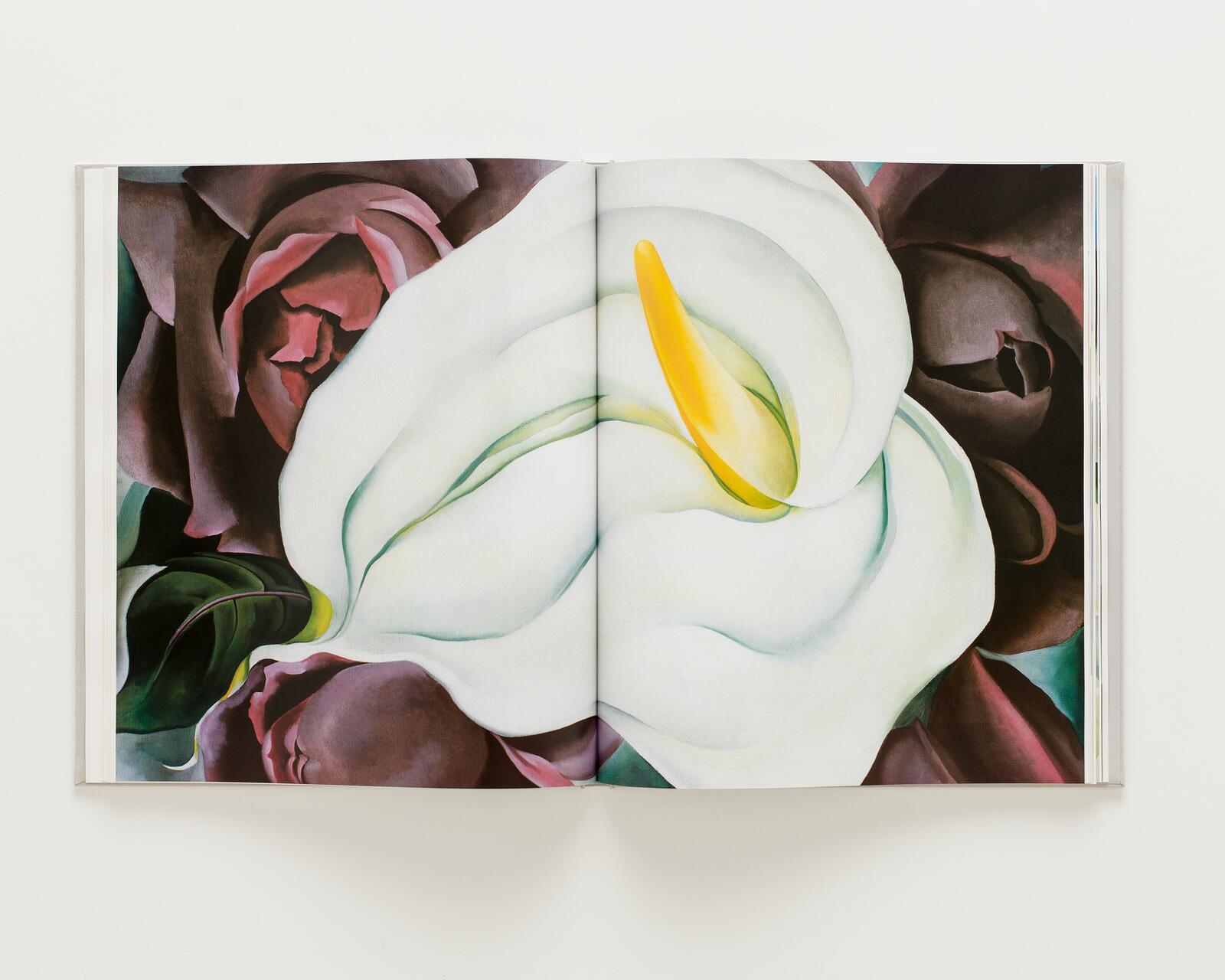 Open book displaying a painting of a white calla lily with a yellow spadix, surrounded by dark, abstract floral shapes.