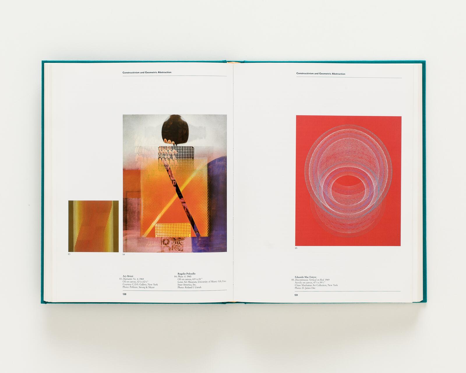 Open book displaying abstract artwork. Left page shows two pieces, one with layered orange and brown shapes, the other featuring a geometric composition with a dark circle and grid pattern. Right page has a red background with white swirled lines forming an intricate pattern.