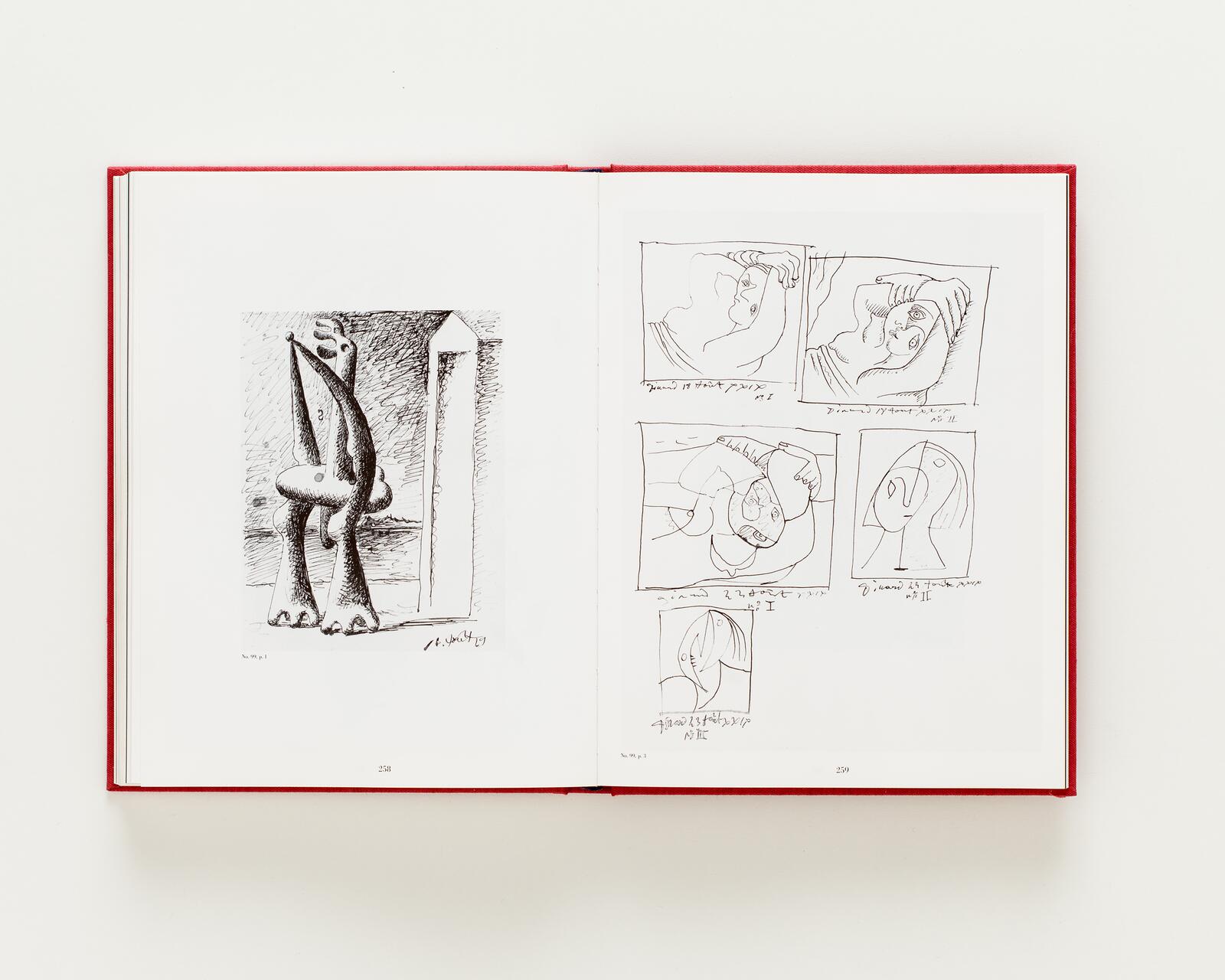 Open book with illustrations, left page features a surreal sculpture with elongated limbs and textured shading. Right page shows a series of abstract sketches of faces in various angles. Red book cover edges are visible.