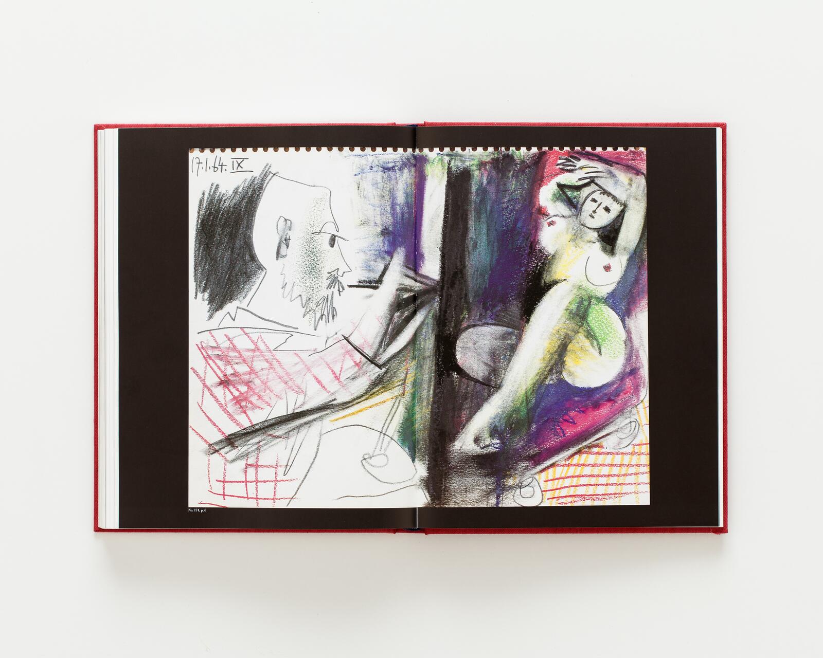 Open book showing a drawing on two pages. Left page features a bearded man with a pencil, while the right page displays a colorful abstract drawing of a reclining nude figure. Pages are bordered by a red cover.