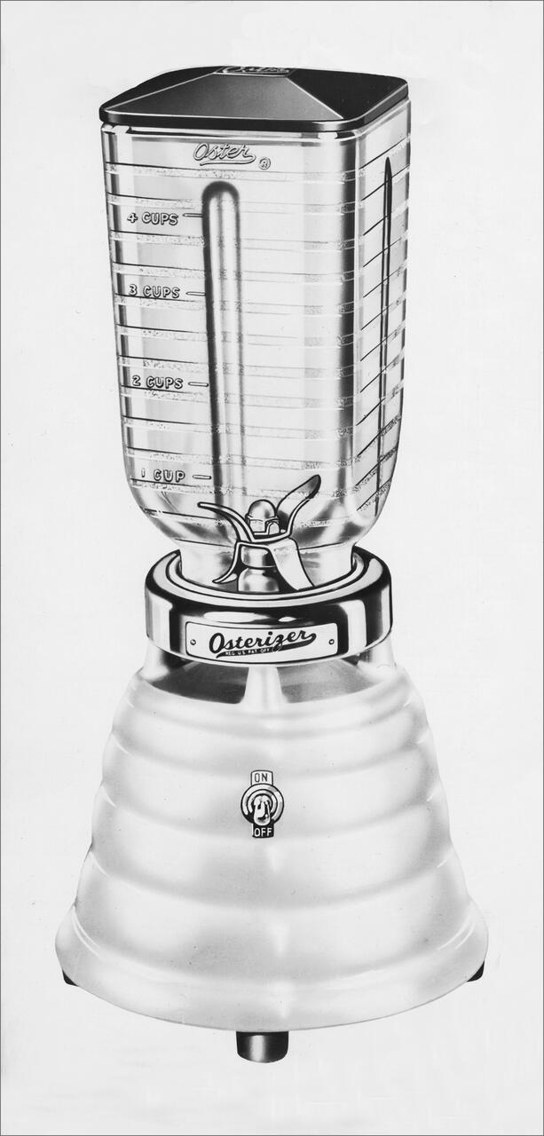 Black and white graphic of an Osterizer blender with a clear glass jar and measurement markings, mounted on a ribbed base with an on/off switch.