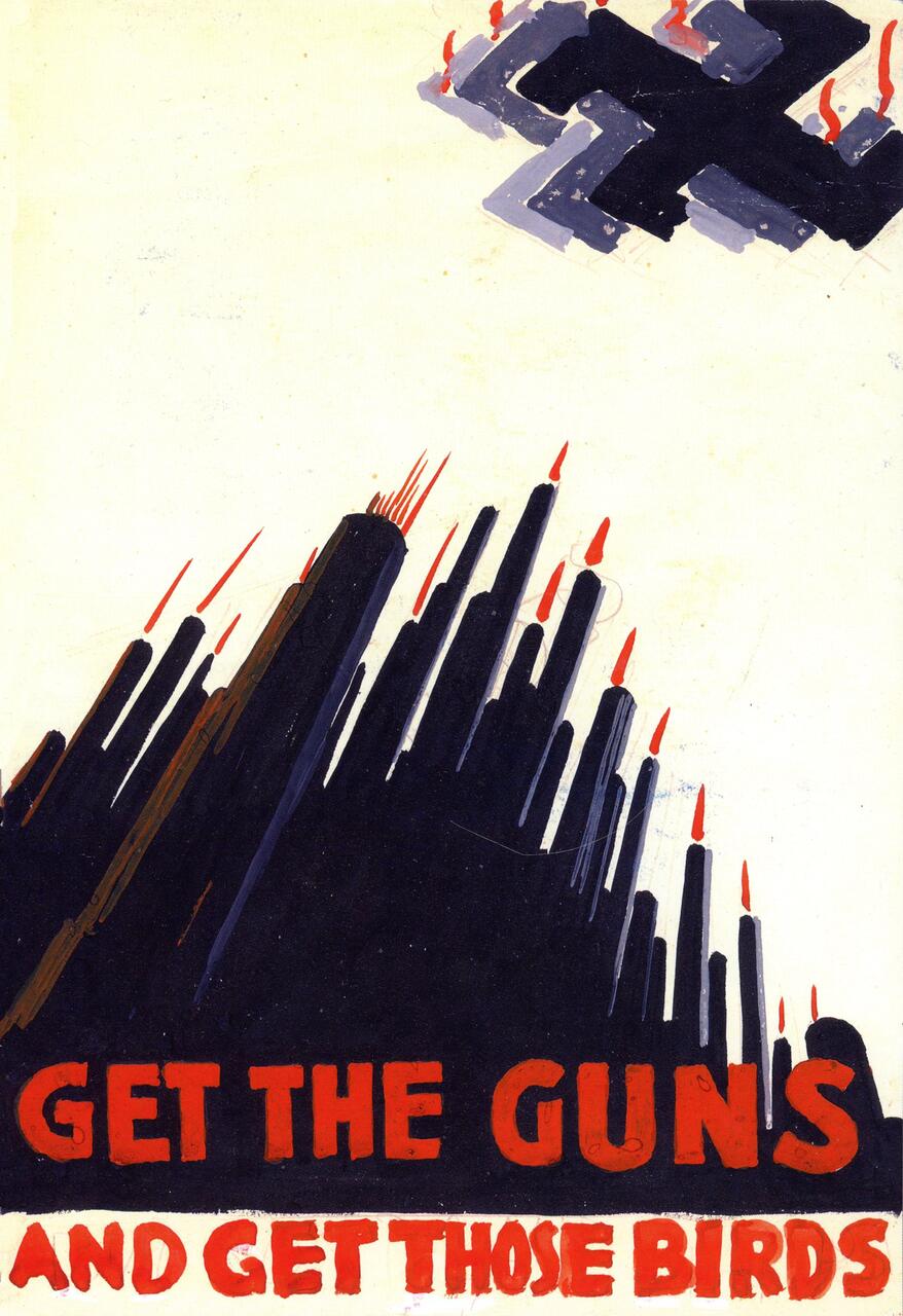 Abstract illustration of tall, dark structures with red-tipped tops pointing upwards towards stylized black planes in the sky, against a light background. Bold red text across the bottom.