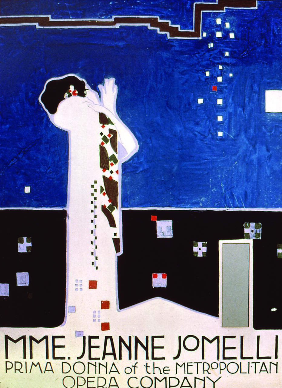 Stylized poster of a figure in a patterned gown against a deep blue background, reaching upwards. Geometric shapes and squares are scattered, creating a night sky effect. Text at the bottom promotes a performance.