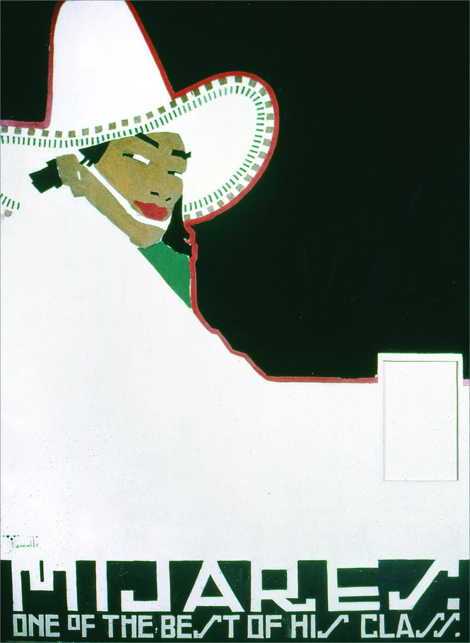 Stylized illustration of a person wearing a large hat with a detailed brim, set against a dark background. The face has a calm expression with red lips. The bottom features blocky text in a decorative style.
