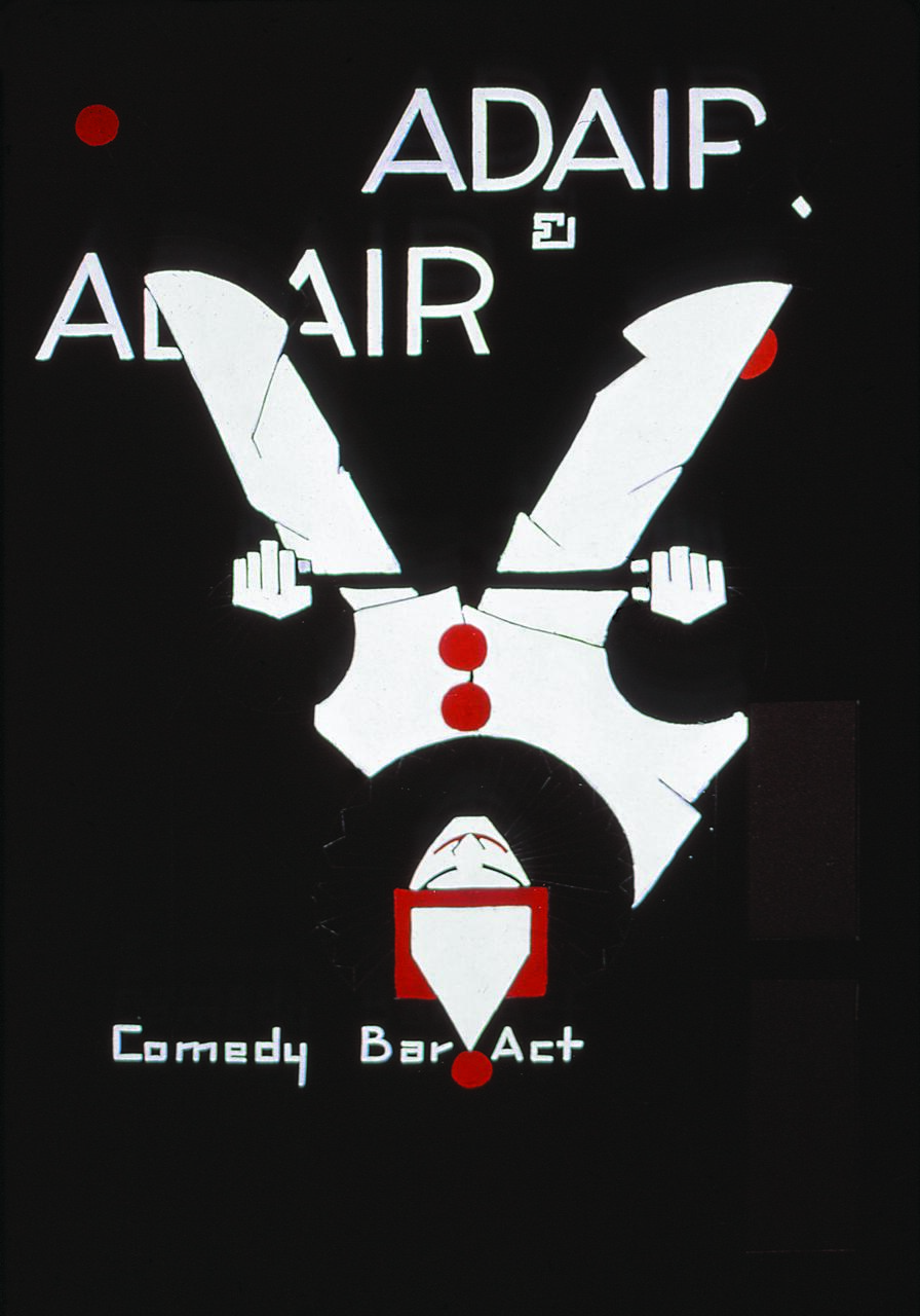 Abstract design featuring a symmetrical clown-like figure in white and red on a black background, with stylized text around it.