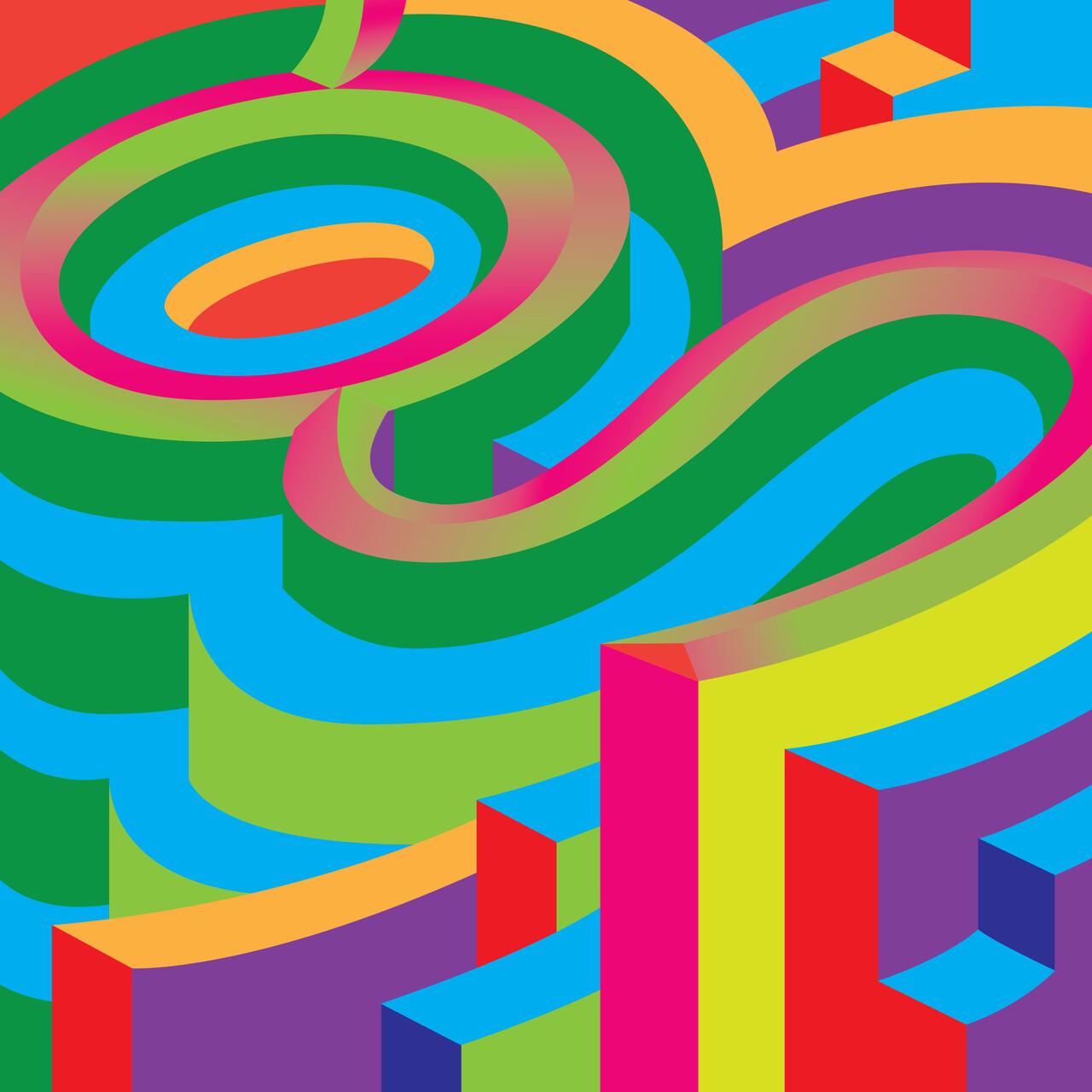 Colorful abstract graphic with swirling, layered shapes in vibrant shades of green, pink, blue, yellow, orange, and purple. The design features dynamic curves and sharp edges, creating a sense of depth and movement.