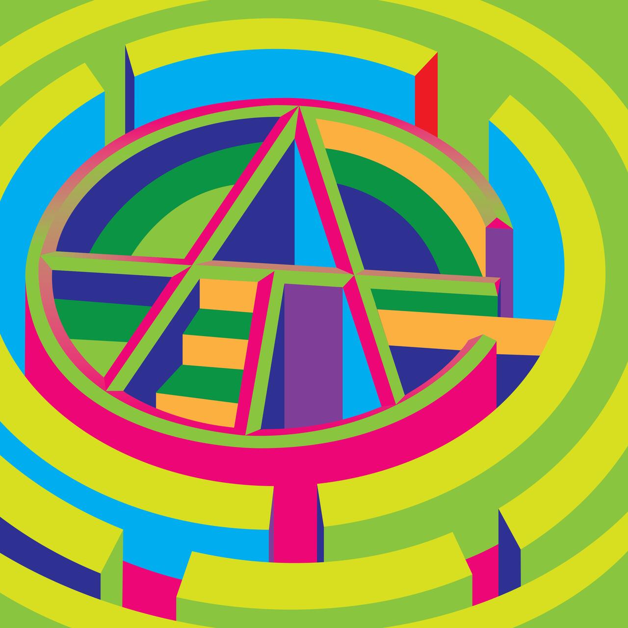 Colorful abstract graphic with overlapping geometric shapes in vibrant green, blue, pink, purple, and yellow hues, forming a circular design with three-dimensional effects.