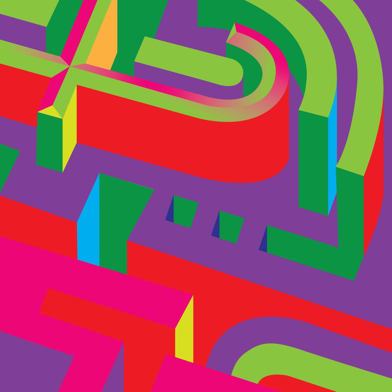 Abstract graphic with bold, colorful geometric shapes in red, green, pink, blue, and yellow on a purple background, creating a vibrant and dynamic pattern.