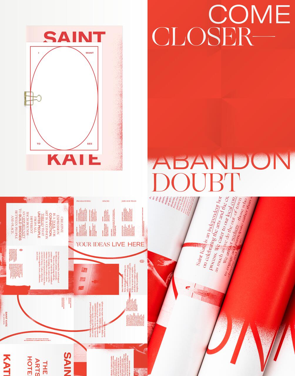 Collage of red and white graphic designs with bold text and abstract shapes, featuring phrases like "Saint Kate," "Come Closer," and "Abandon Doubt." Various typography and folded paper textures are visible, creating a dynamic visual effect.