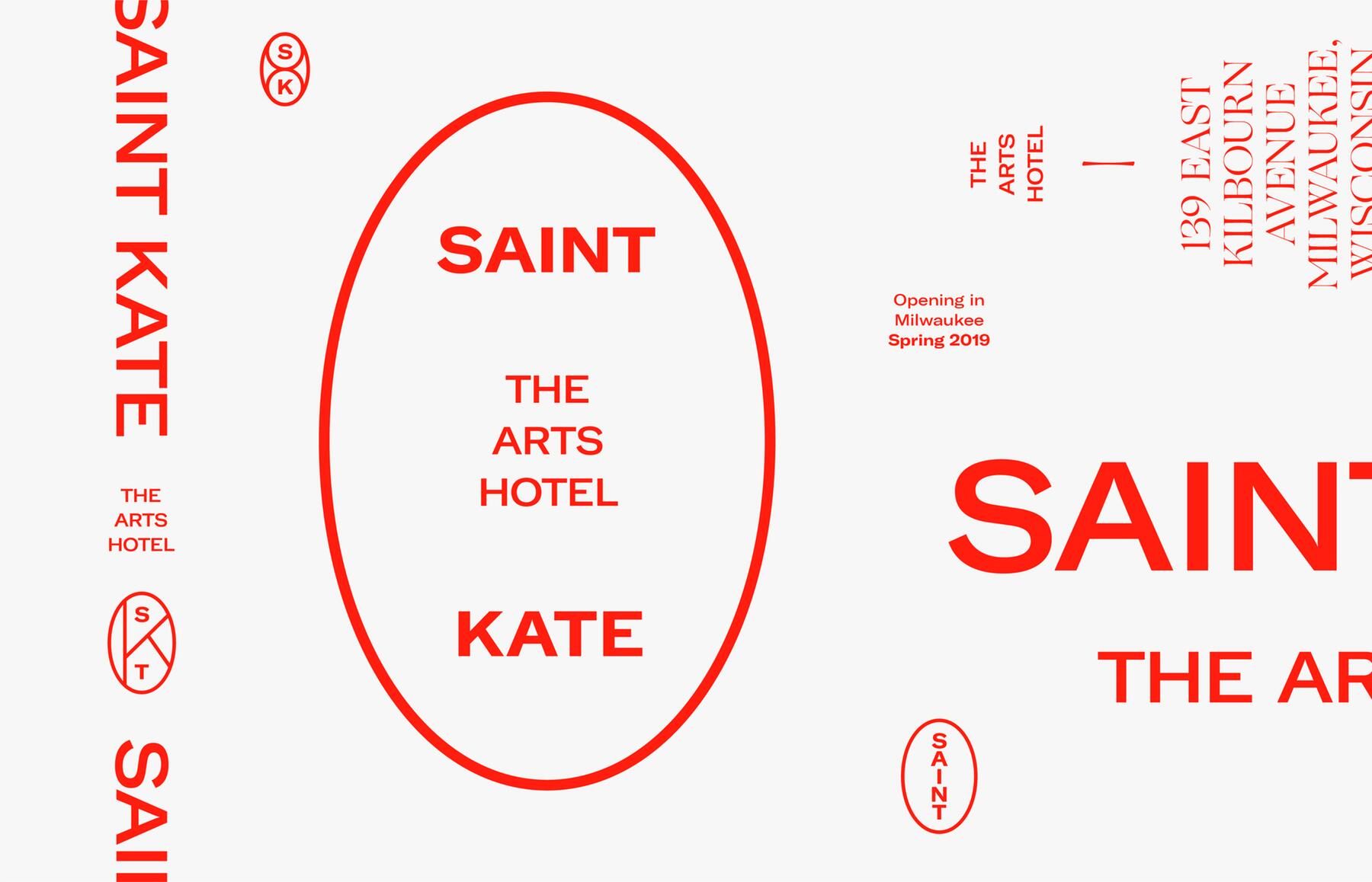Saint Kate The Arts Hotel graphic with red text on a white background, featuring the words "Saint Kate" inside a red oval and additional repeated text surrounding the oval.