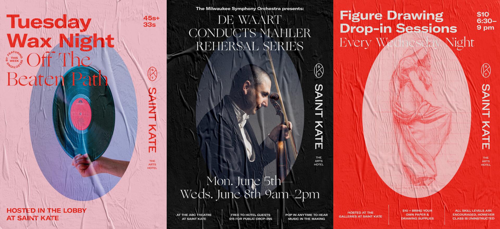 Three event flyers: Left, a pink background with a vinyl record for "Tuesday Wax Night"; Center, a black background with a conductor holding a baton for "De Waart Conducts Mahler"; Right, a red background with a sketch of a figure for "Figure Drawing Drop-in Sessions".