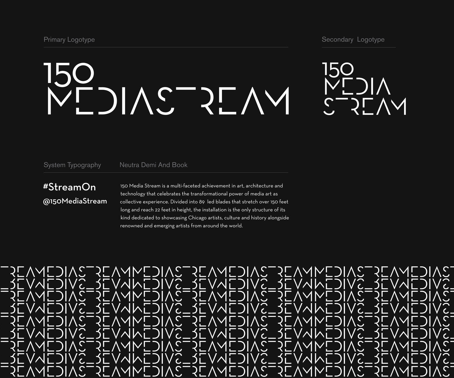 Primary and secondary logotypes for "150 Media Stream" on a black background. Text in white describes "150 Media Stream" as a media art installation in Chicago, featuring 89 LED blades, with a focus on art, architecture, and culture.