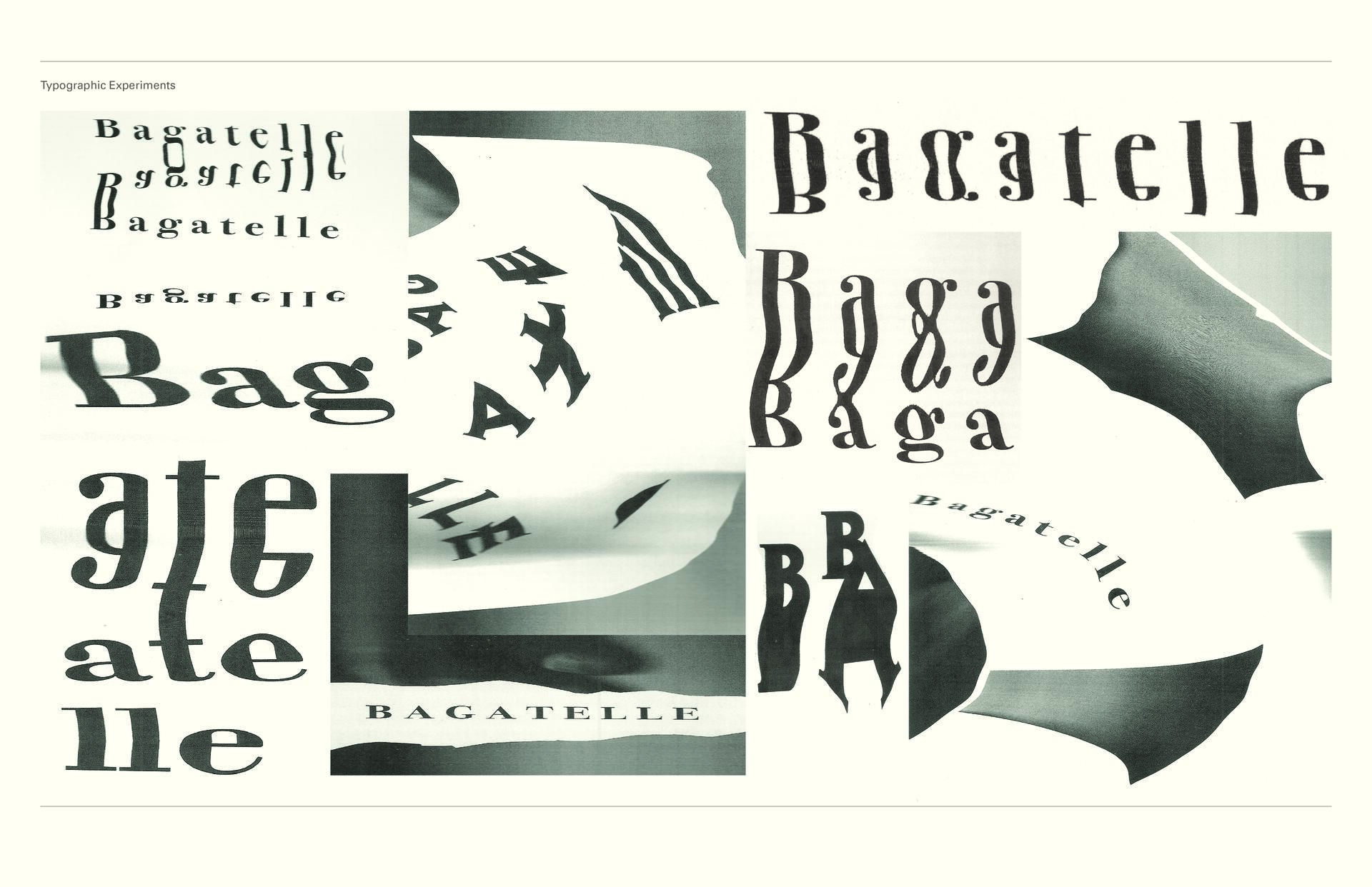 Various "Bagatelle" typography styles in overlapping and distorted arrangements, showcasing experimental design. The fonts vary in size, shape, and orientation, against a minimalist white background.