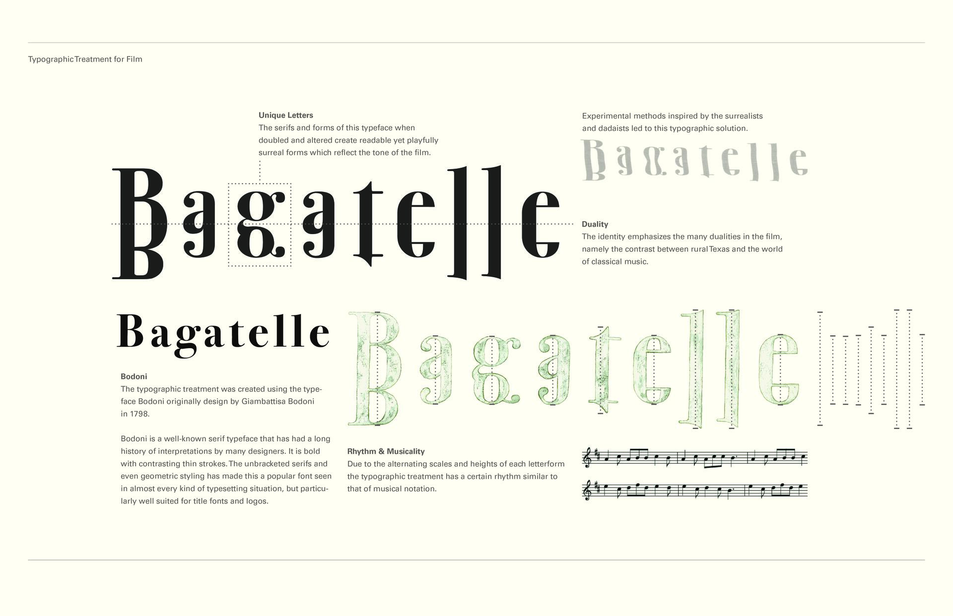Typographic treatment for film with the word "Bagatelle" in various styles. Features include unique serif forms, duality in design, and a Bodoni typeface with musical notation elements, highlighting rhythm and surrealist inspiration.