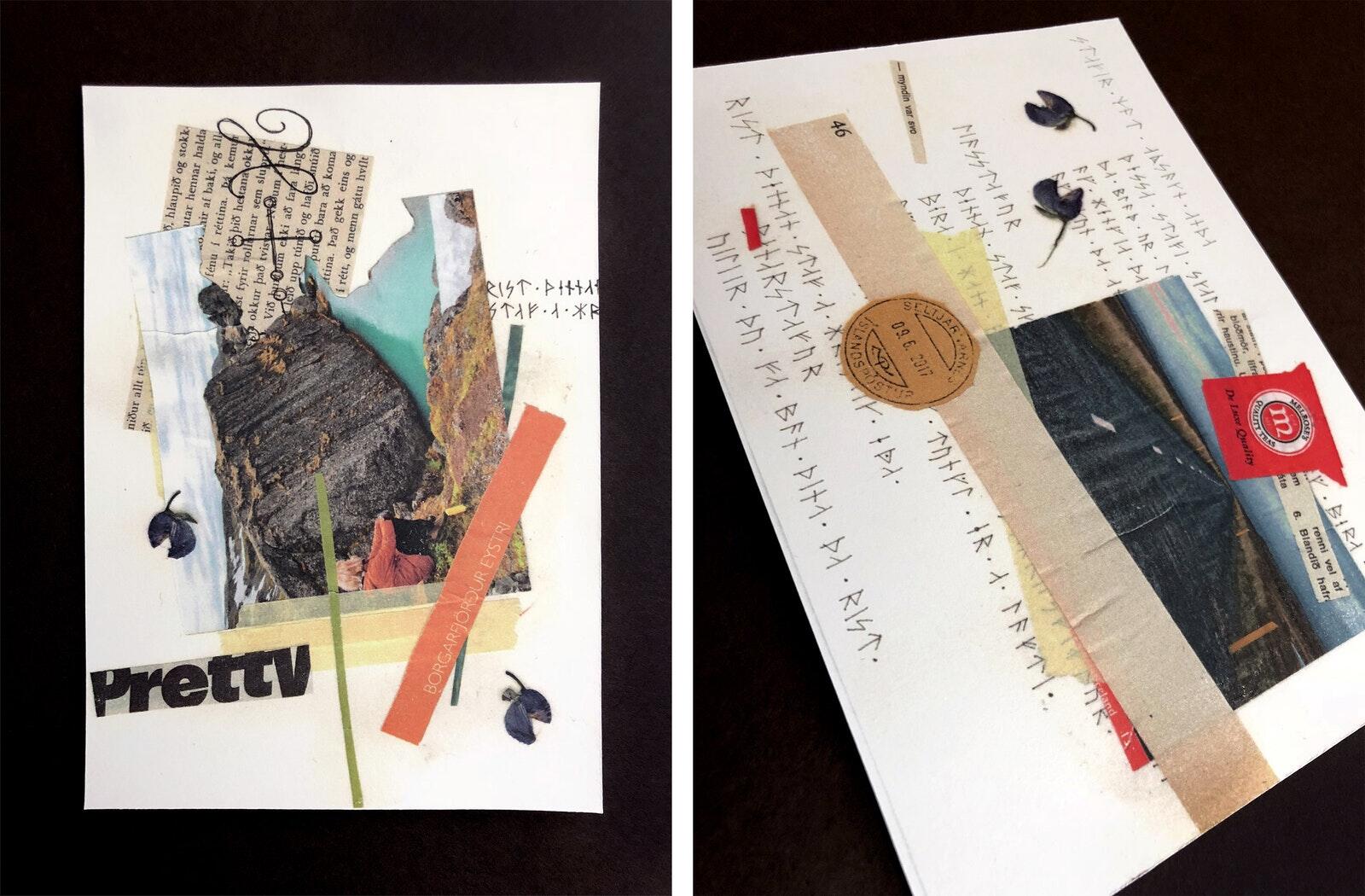 Two abstract collages featuring torn papers, handwritten and printed text, layered images of landscapes, red and brown stamps, and blue pressed flowers on a white background.