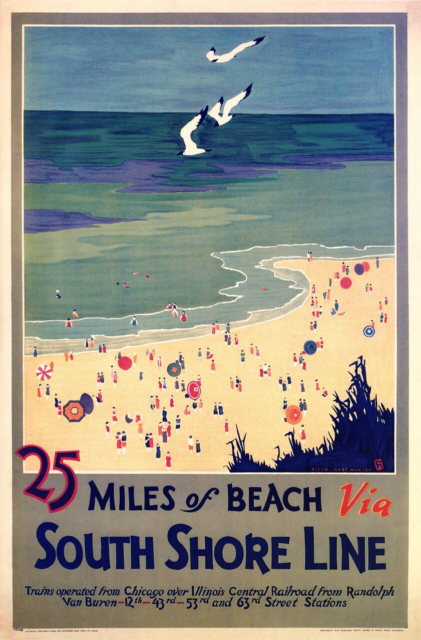 Vintage poster illustration of a beach with colorful umbrellas and people scattered along the sand. Three seagulls fly over the blue ocean. Text advertises “25 miles of beach via South Shore Line.”