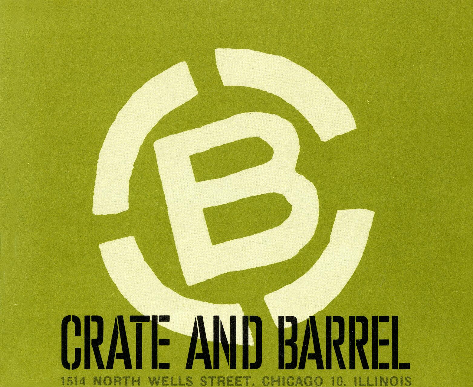 Green background with a bold, stylized letter "B" inside a circle, above the text "CRATE AND BARREL" in black uppercase letters.