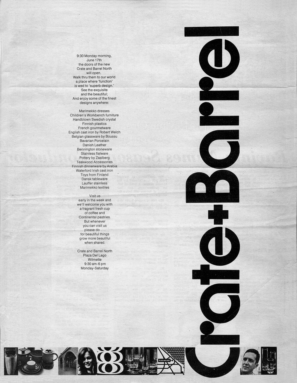 Crate and Barrel announcement featuring a vertical logo on the right, text listing store opening details, product offerings like Marimekko dresses, and a strip of images at the bottom with kitchenware, people, and abstract patterns.