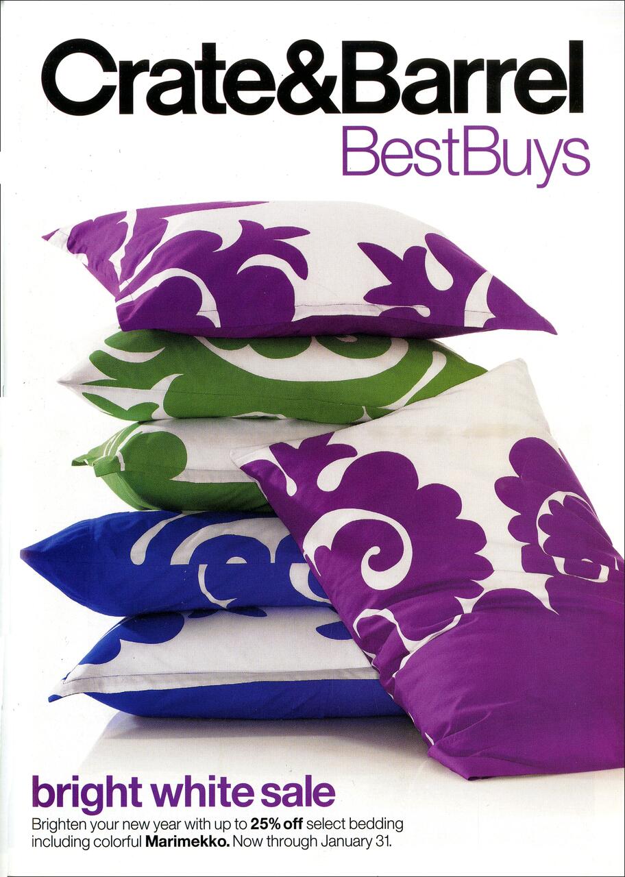 Stack of patterned pillows in purple, green, and blue with a decorative floral design on a white background, promoting a "bright white sale" for select bedding.