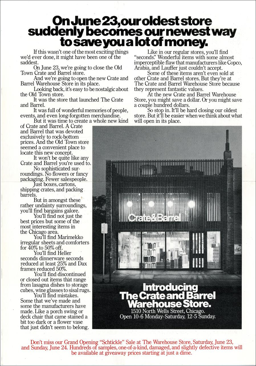 Announcement for the opening of the Crate and Barrel Warehouse Store on June 23. Includes details on discounted items like Marimekko sheets and Heller dinnerware. Features a nighttime photo of the storefront with illuminated signage, located at 1510 North Wells Street, Chicago.