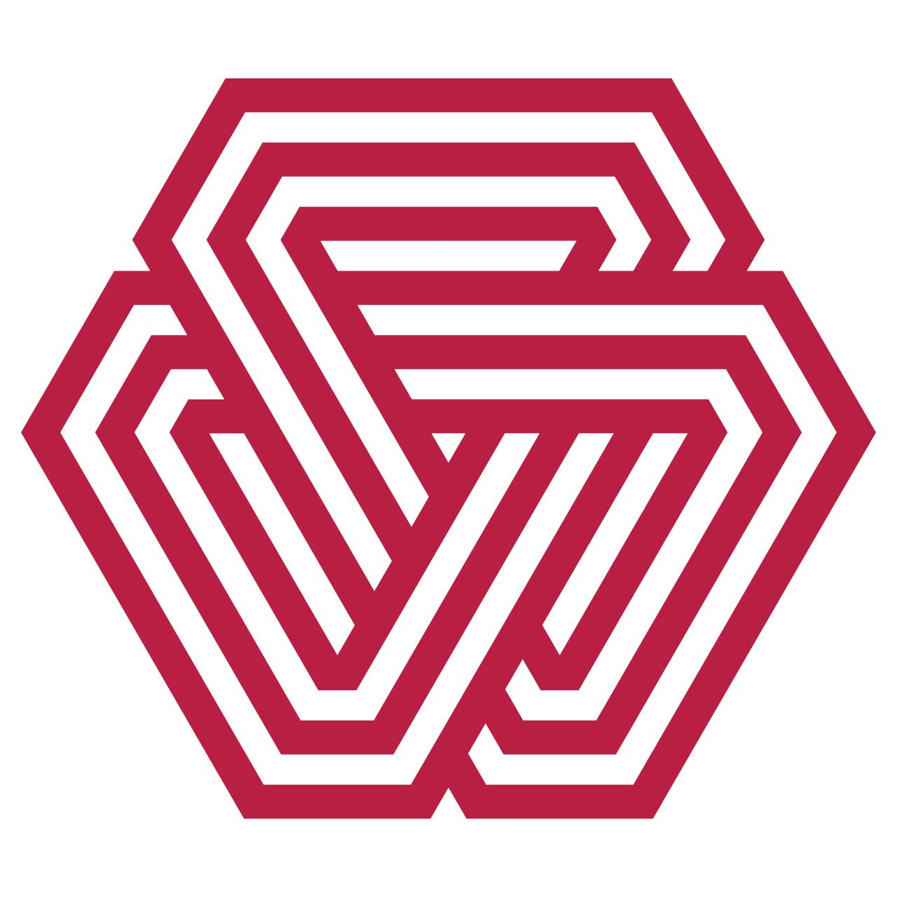 Red geometric maze design with interlocking hexagonal shapes on a white background.