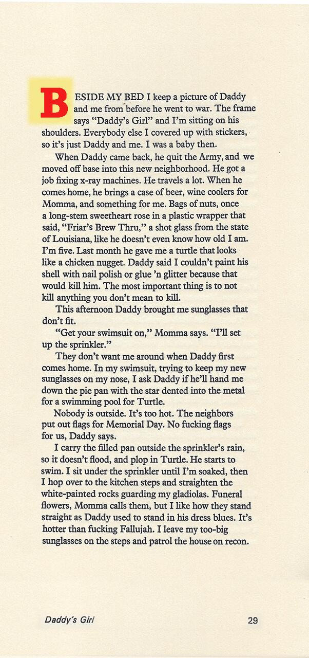 Page from a book with text titled "Daddy's Girl." The text describes a girl's relationship with her father, her reflections on her family, and a scene involving her wearing sunglasses and swimming. The page number 29 is at the bottom.